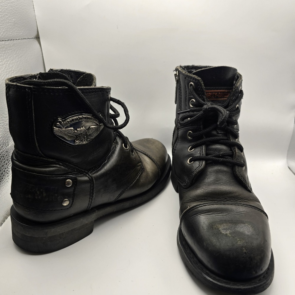 Harley-Davidson Black Leather Lace Motorcycle Boots Side Zip Women's 7.5